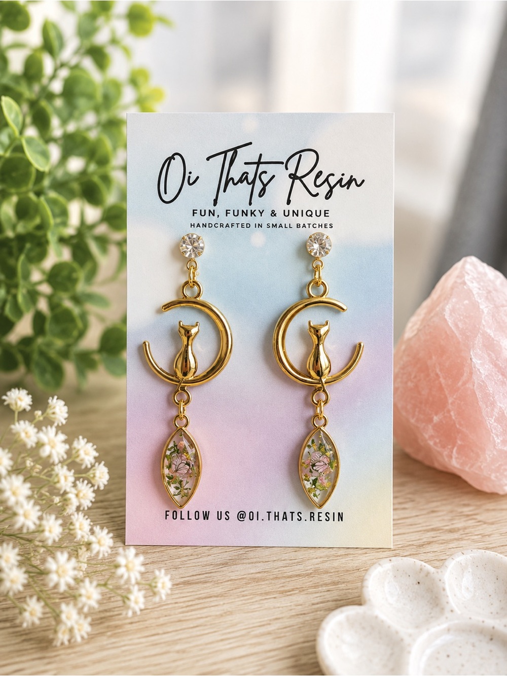 Gold Cat Crescent Drop Earrings with Pink Floral Accents